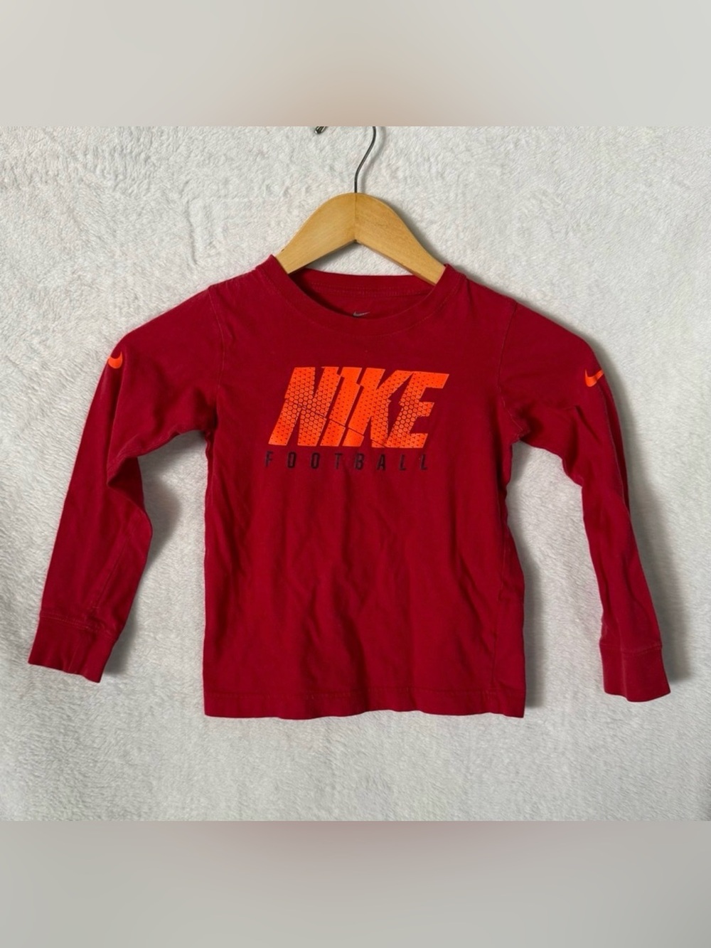 Nike Red Long-Sleeve Football Logo Tee with Orange Accents
